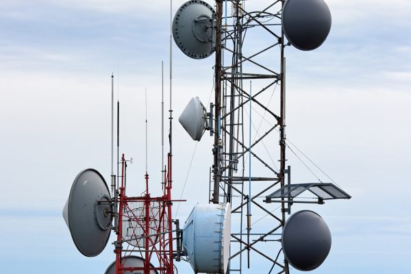 Communication tower at cloudy weather in Massachusetts, USA